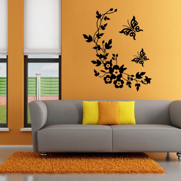 Sticker decorativ 3D cu Flori si fluturasi, 28cm x 34 cm, culoare negru