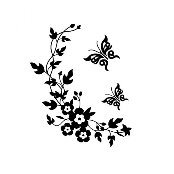 Sticker decorativ 3D cu Flori si fluturasi, 28cm x 34 cm, culoare negru