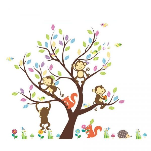 Sticker decorativ pentru camera copiilor, Copac cu animalute, 91×110 cm