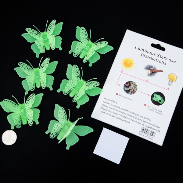 Set 6 stickere fosforescente, Fluturasi 3D, dimensiune 5.5x 8 cm, culoare verde inchis