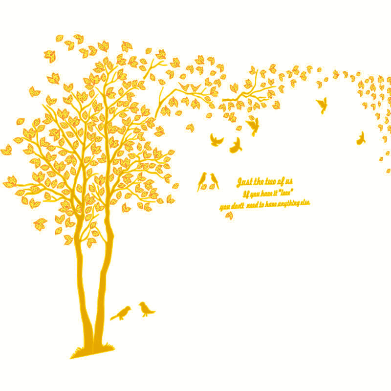 Sticker decorativ 3D cu mesaj, copac si pasarele, oglinda acrilica, 200x100 cm, auriu