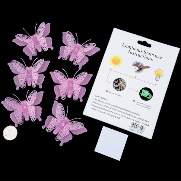 Set 6 stickere fosforescente, Fluturasi 3D, dimensiune 5.5x 8 cm, culoare roz