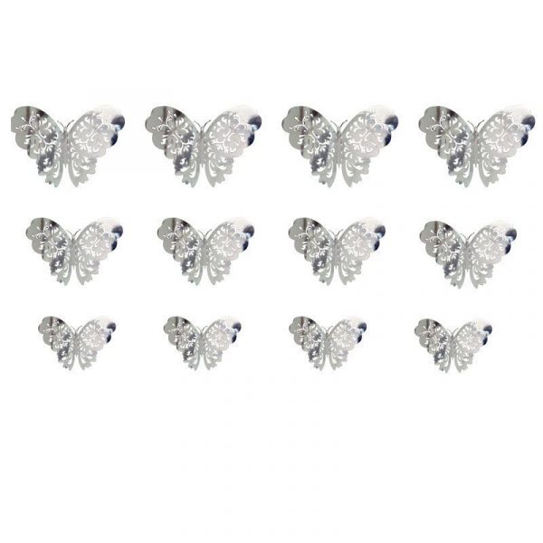 Stickere decorative 3D pentru perete, model fluture, argintiu, 12 bucati/ set