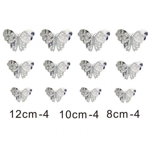 Stickere decorative 3D pentru perete, model fluture, argintiu, 12 bucati/ set