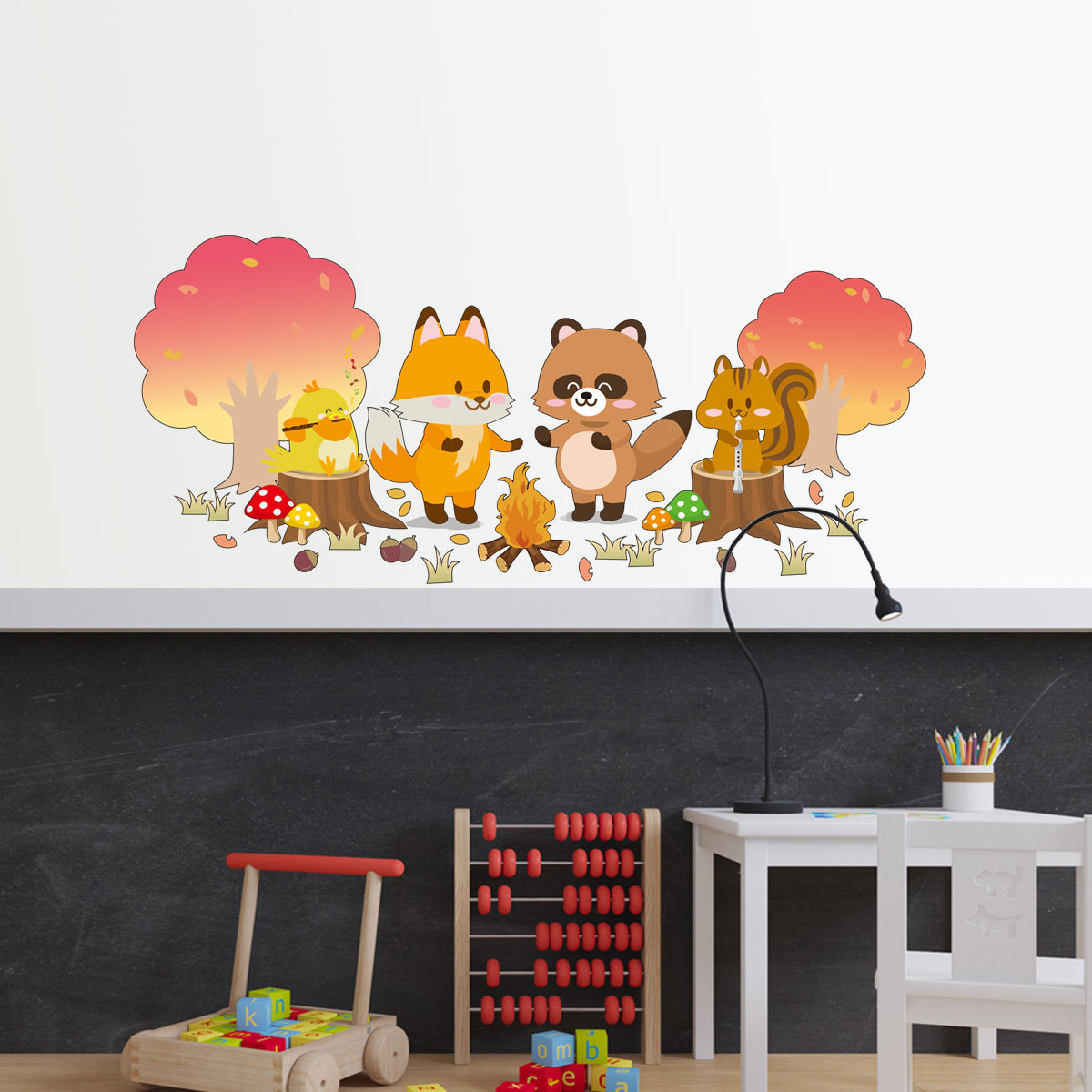 Sticker decorativ pentru camera copiilor, model cu animalute,ciupercute si copaci, 40x92 cm, multicolor - imagine 2