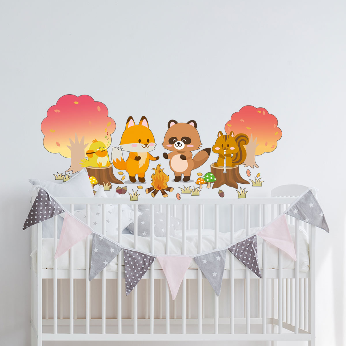 Sticker decorativ pentru camera copiilor, model cu animalute,ciupercute si copaci, 40x92 cm, multicolor - imagine 4