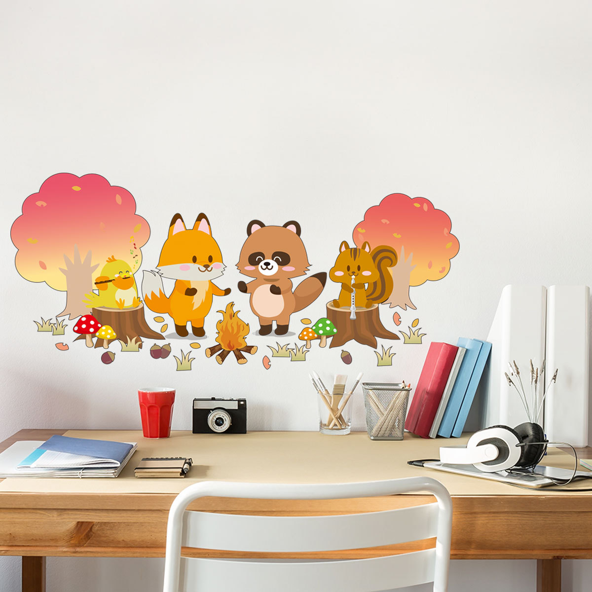 Sticker decorativ pentru camera copiilor, model cu animalute,ciupercute si copaci, 40x92 cm, multicolor - imagine 5