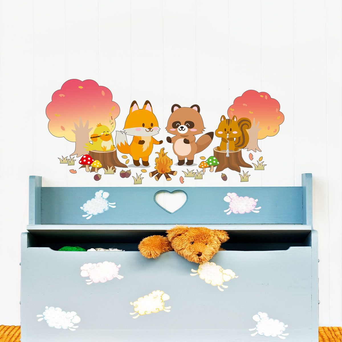 Sticker decorativ pentru camera copiilor, model cu animalute,ciupercute si copaci, 40x92 cm, multicolor - imagine 6