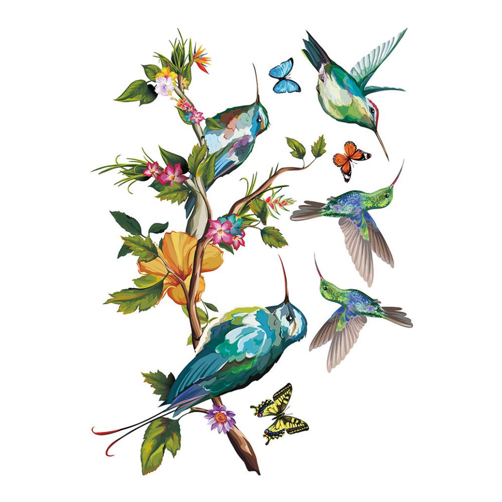 Sticker autocolant, Crenguta decorativa cu pasari Colibri si fluturi, 50x70 cm, multicolor