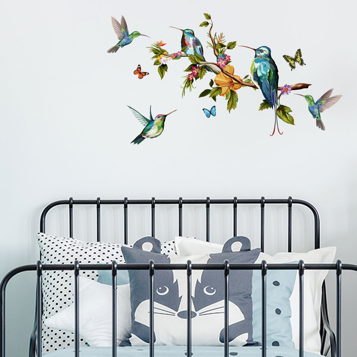 Sticker autocolant, Crenguta decorativa cu pasari Colibri si fluturi, 50x70 cm, multicolor - imagine 3