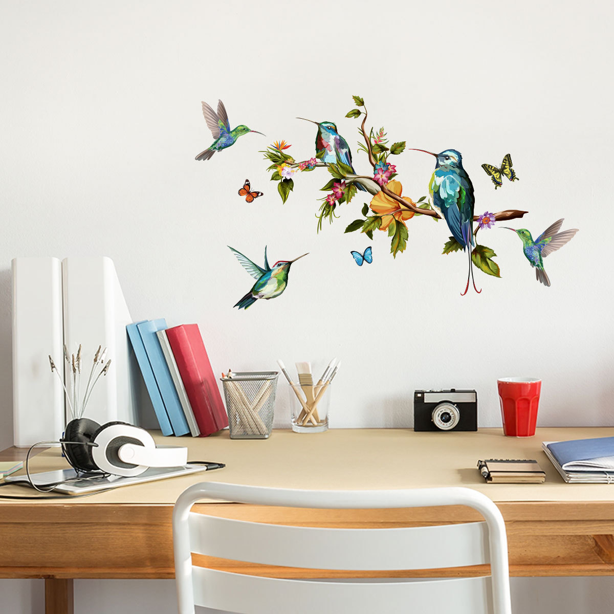 Sticker autocolant, Crenguta decorativa cu pasari Colibri si fluturi, 50x70 cm, multicolor - imagine 6