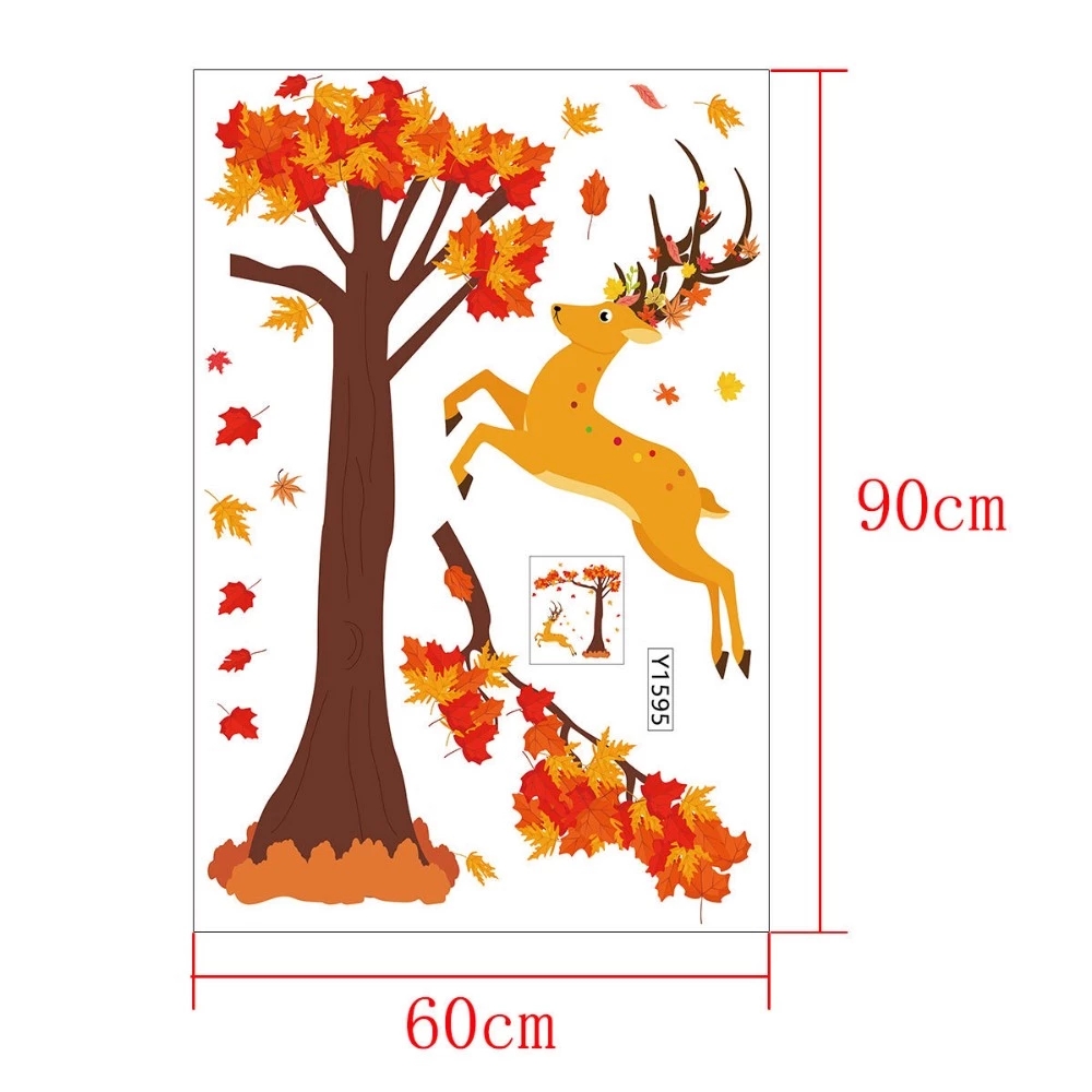 Sticker autocolant de perete, model Cerb si copac cu frunze cazatoare, 60x90 cm, multicolor - imagine 2