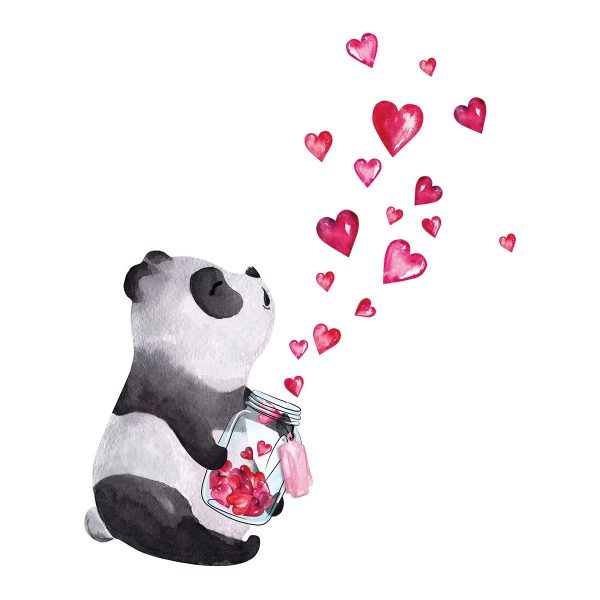 Sticker autocolant de perete, Ursulet Panda cu inimioare, dimensiune 30x30cm, multicolor