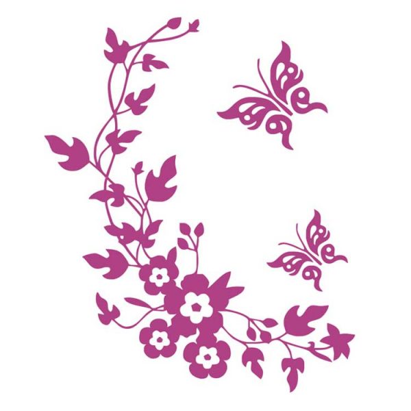 Sticker decorativ 3D cu Flori si fluturasi, 28cm x 34 cm, culoare roz