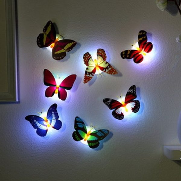 Set 6 Fluturi decorativi 3D, cu lumina LED, 5.5×7 cm, multicolor