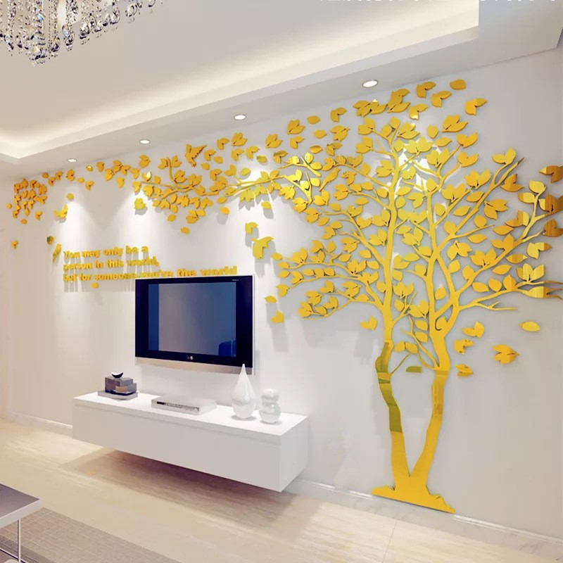 Sticker decorativ 3D cu mesaj, copac si pasarele, oglinda acrilica, 200x100 cm, auriu - imagine 4