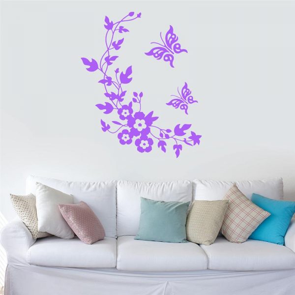 Sticker decorativ 3D cu Flori si fluturasi, 28cm x 34 cm, culoare mov