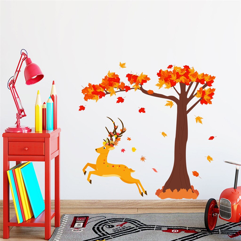 Sticker autocolant de perete, model Cerb si copac cu frunze cazatoare, 60x90 cm, multicolor - imagine 5