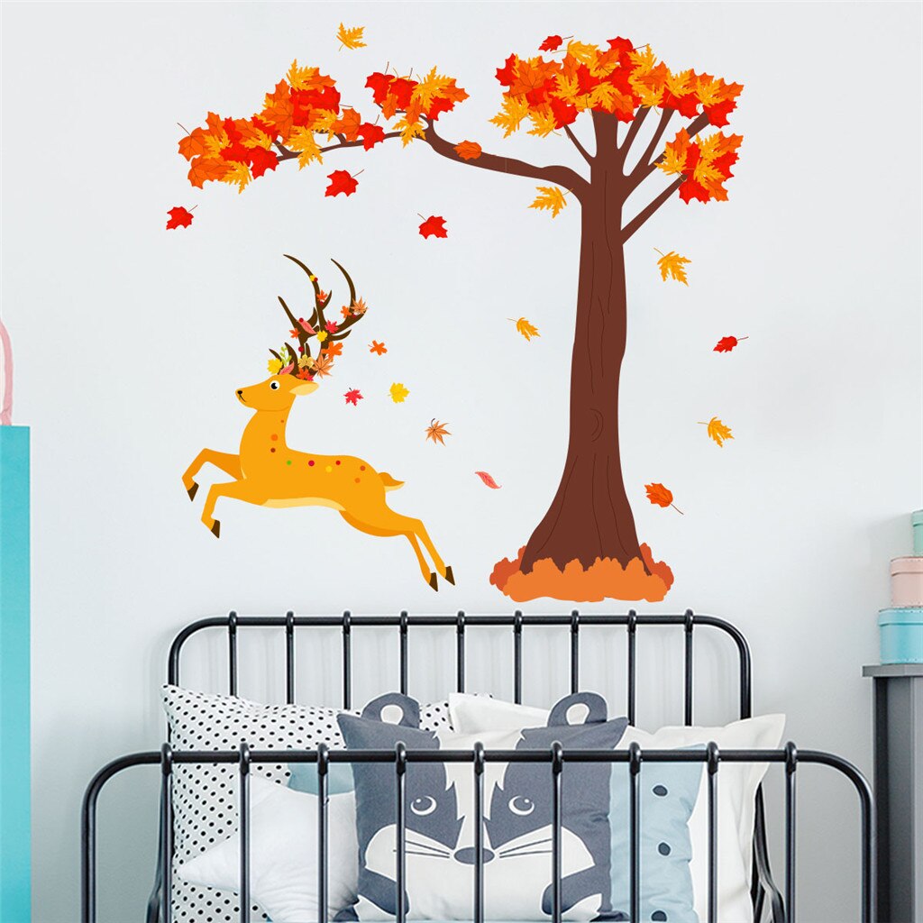 Sticker autocolant de perete, model Cerb si copac cu frunze cazatoare, 60x90 cm, multicolor - imagine 6