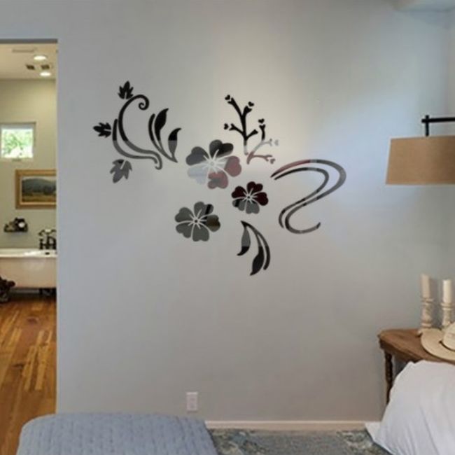 Sticker decorativ floral 3D, oglinda acrilica, 60x80 cm, culoare negru - imagine 4