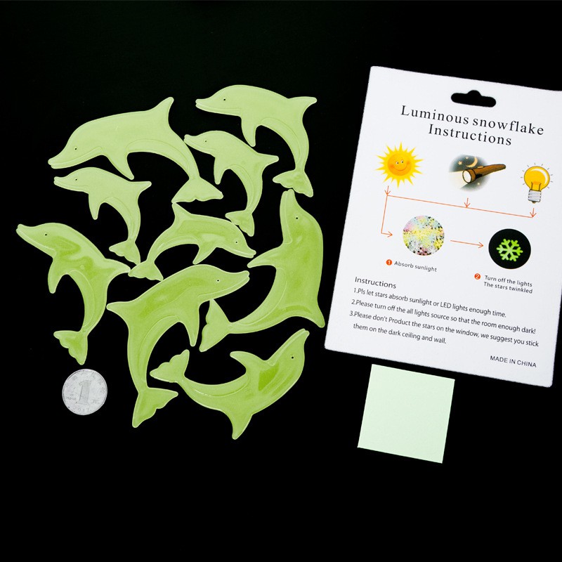 Set 9 stickere fosforescente cu delfini, autoadezive, diverse dimensiuni, culoare galben - imagine 3
