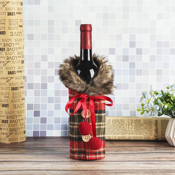 Set 2 huse pentru sticla de vin cu fundita, din material textil, culoare rosu