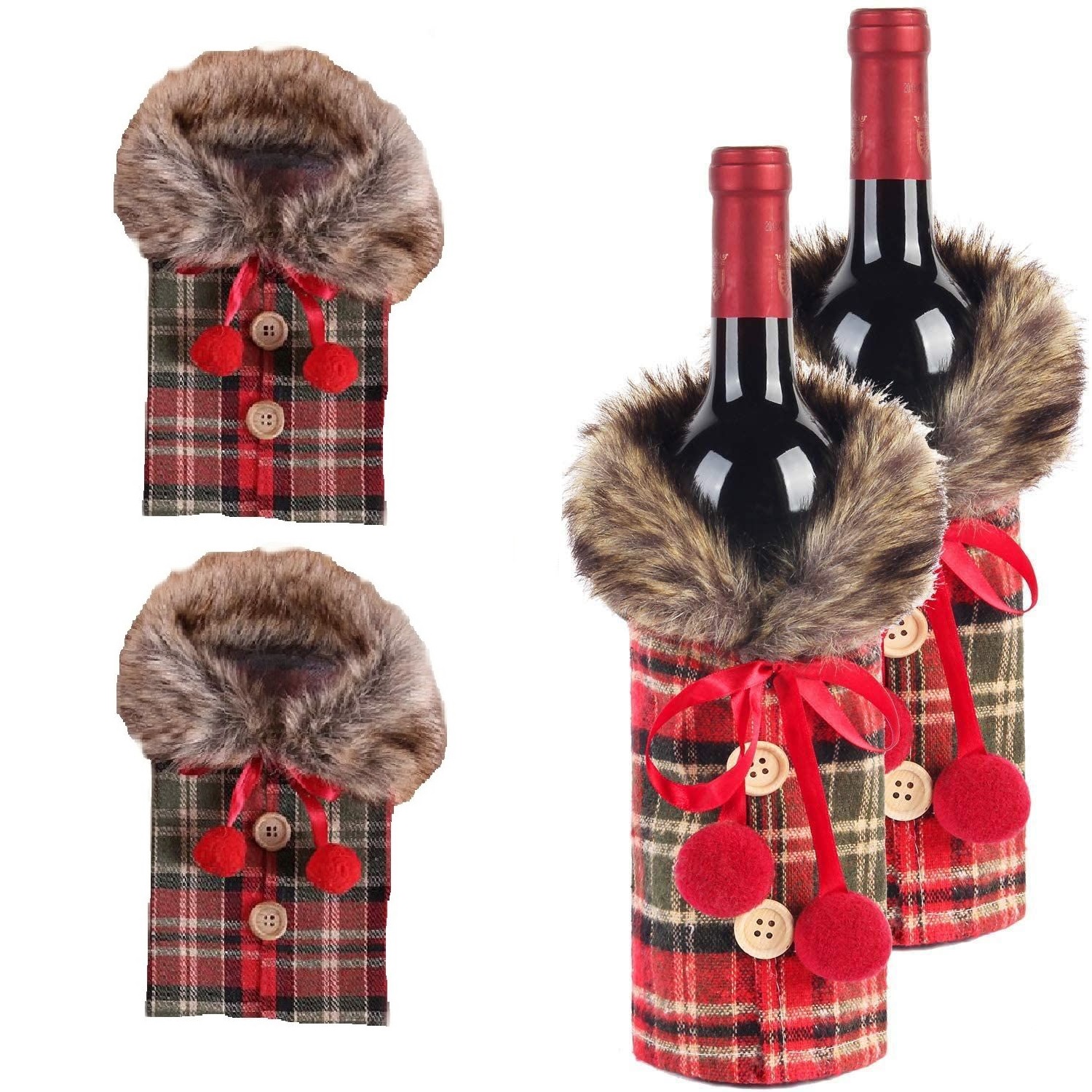 Set 2 huse pentru sticla de vin cu fundita, din material textil, culoare rosu - imagine 4