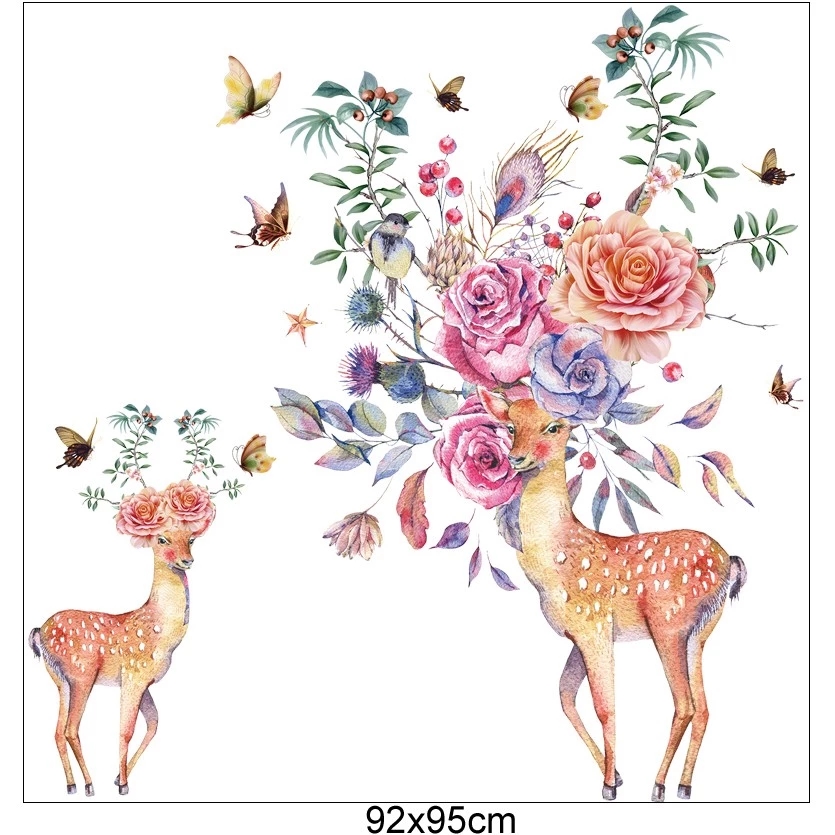 Sticker decorativ, Caprioare, flori si fluturi, 92x95 cm, multicolor - imagine 3