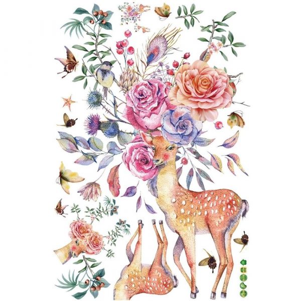 Sticker decorativ, Caprioare, flori si fluturi, 92×95 cm, multicolor