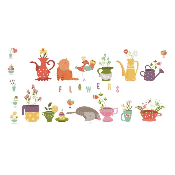 Sticker autocolant Flowers cu pisicute, dimensiune 63×25 cm, multicolor
