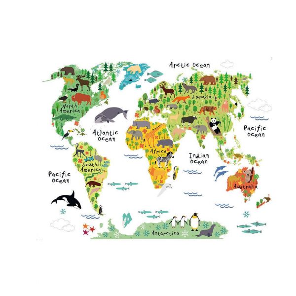 Sticker decorativ pentru perete, Harta lumii cu animale, 95×73 cm, multicolor