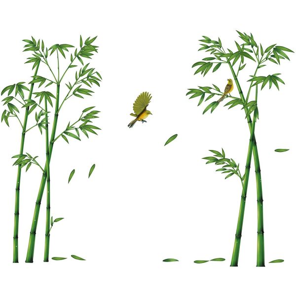 Sticker decorativ, Bambus si pasarea Colibri, 60×90 cm, culoare verde