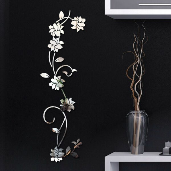 Sticker decorativ din oglinda acrilica, Flori 3D, 30×100 cm, argintiu