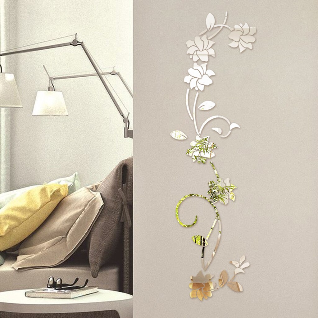 Sticker decorativ din oglinda acrilica, Flori 3D, 30x100 cm, argintiu - imagine 3