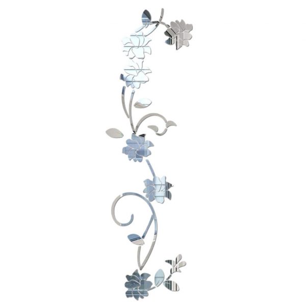 Sticker decorativ din oglinda acrilica, Flori 3D, 30×100 cm, argintiu