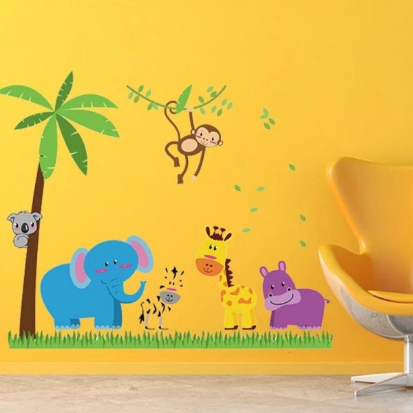 Sticker autocolant cu Palmier si animalute pentru camera copiilor, 60×90 cm, multicolor