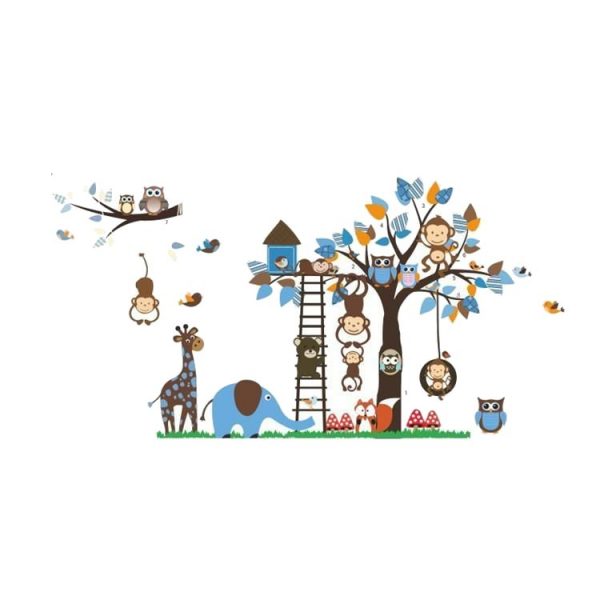 Set 4 Stickere autocolante Casuta din copac, cu pasari si animalute, 30×90 cm, multicolor