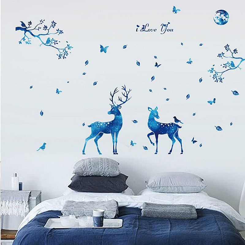Autocolant decorativ de perete cu cerb, caprioara si copaci pentru camera copiilor, 144x156cm, culoare albastru - imagine 3
