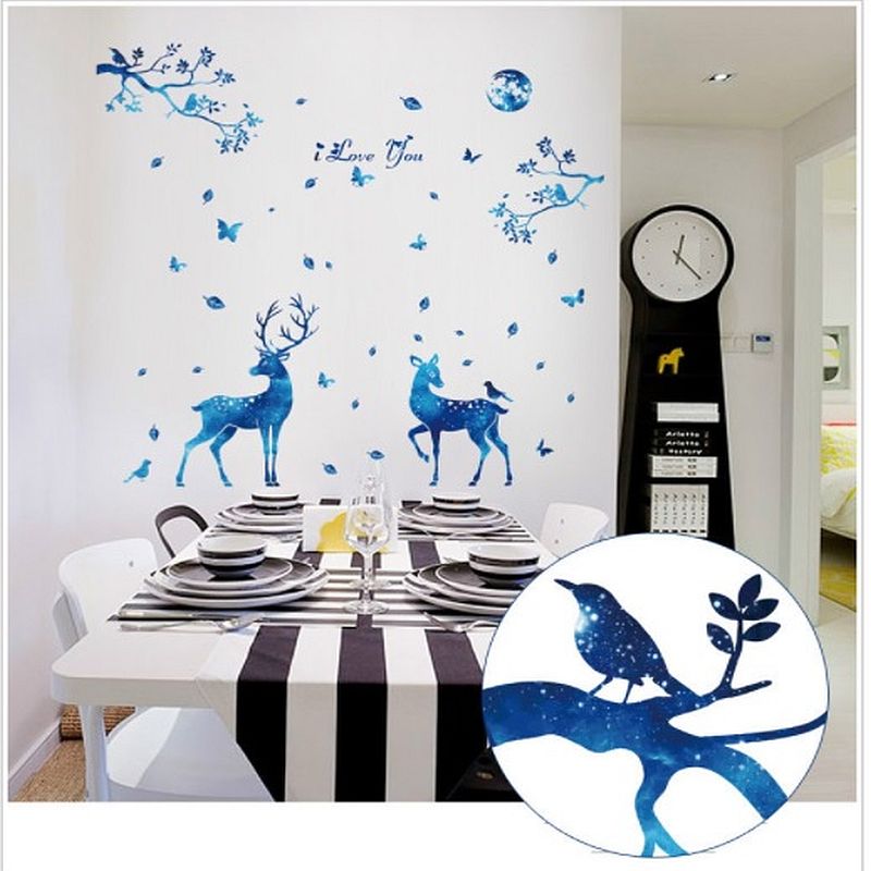 Autocolant decorativ de perete cu cerb, caprioara si copaci pentru camera copiilor, 144x156cm, culoare albastru - imagine 5
