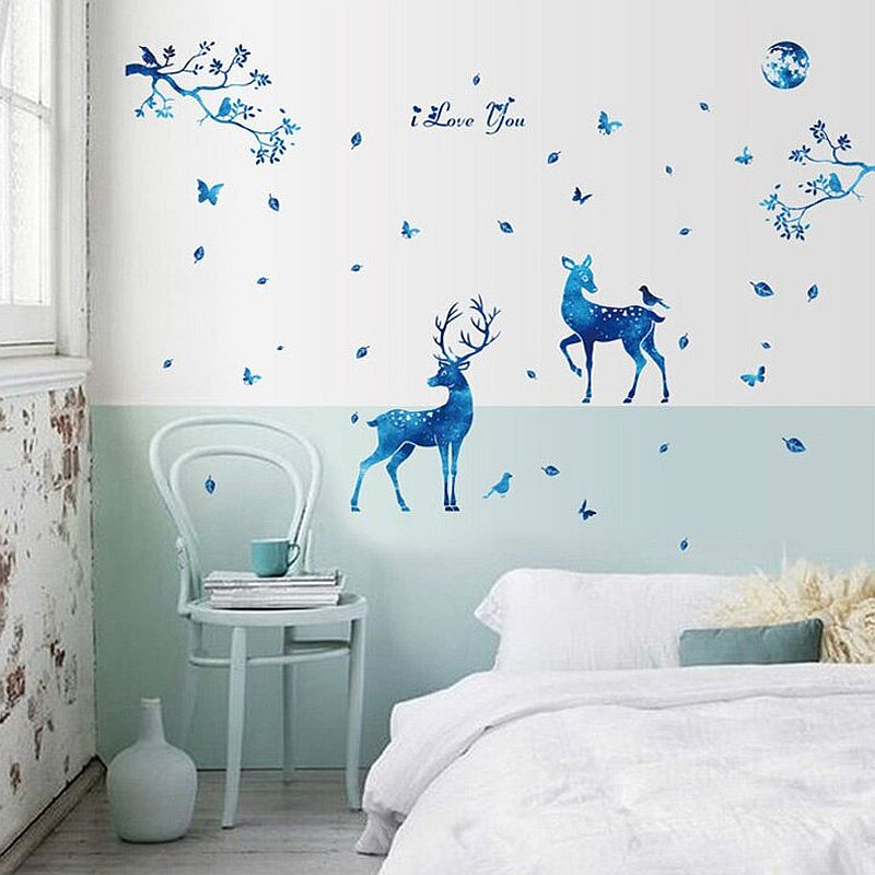 Autocolant decorativ de perete cu cerb, caprioara si copaci pentru camera copiilor, 144x156cm, culoare albastru - imagine 6