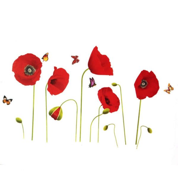 Sticker decorativ Flori de Maci si fluturi, 50×70 cm, culoare rosu