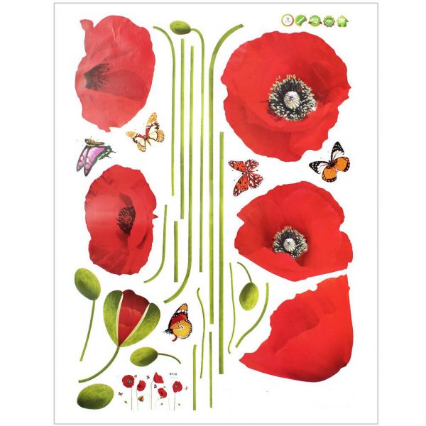 Sticker decorativ Flori de Maci si fluturi, 50×70 cm, culoare rosu