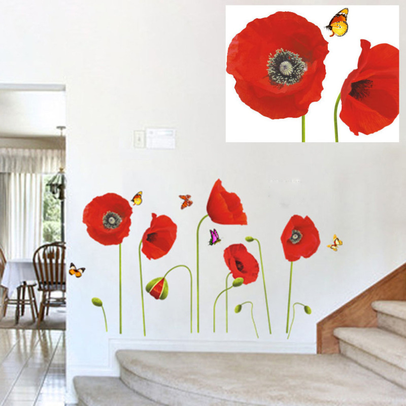 Sticker decorativ Flori de Maci si fluturi, 50x70 cm, culoare rosu - imagine 4
