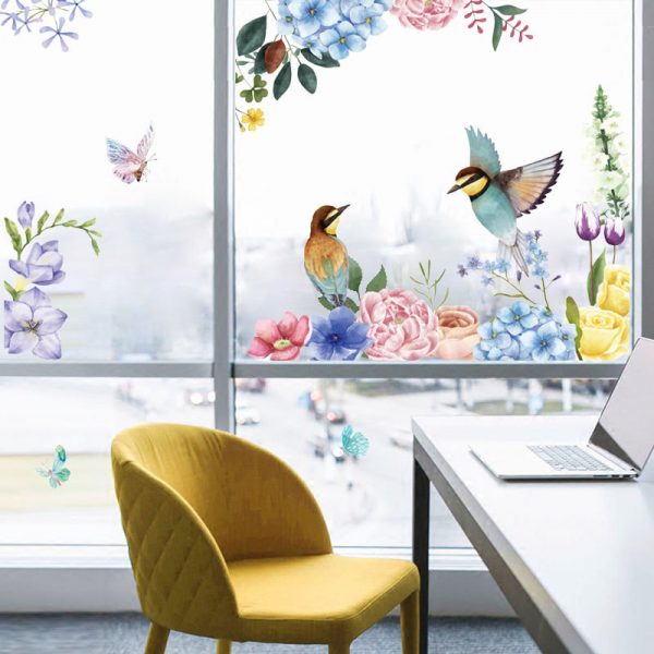 Sticker decorativ perete sau geam , model floral cu pasari si fluturi, 94×110 cm, multicolor