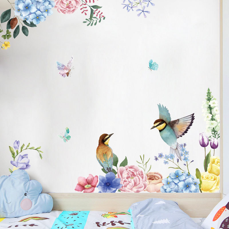Sticker decorativ perete sau geam , model floral cu pasari si fluturi, 94x110 cm, multicolor - imagine 3