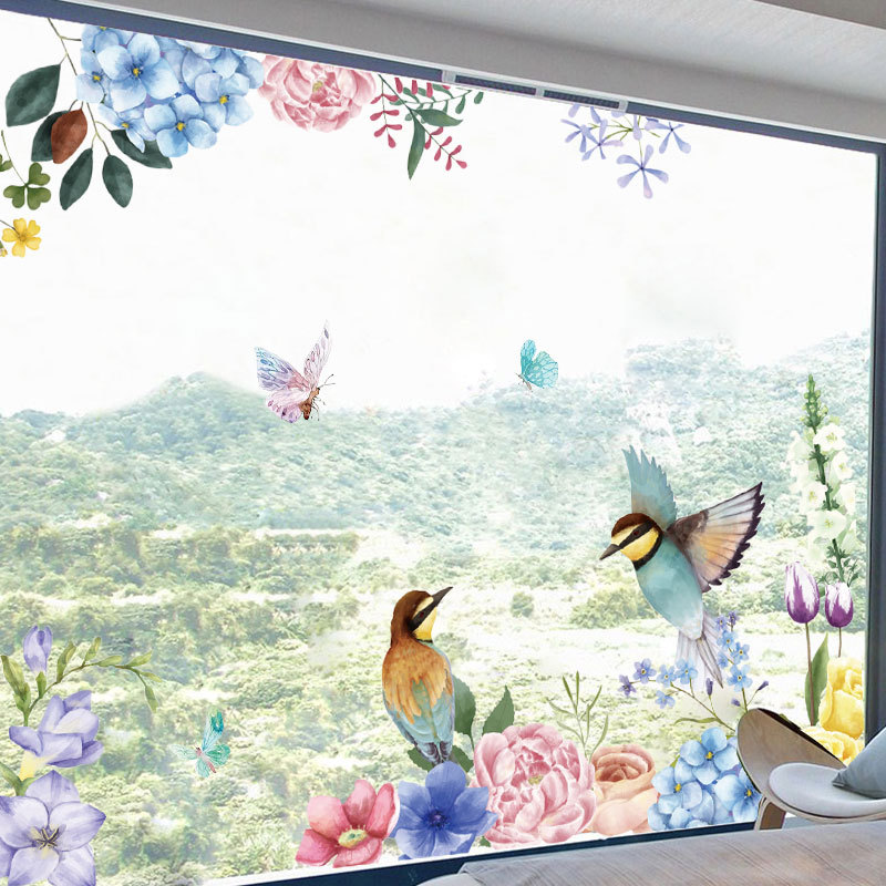 Sticker decorativ perete sau geam , model floral cu pasari si fluturi, 94x110 cm, multicolor - imagine 4