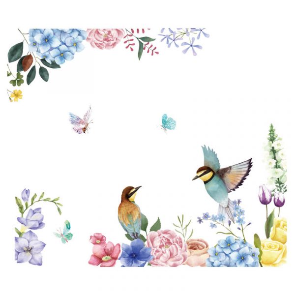 Sticker decorativ perete sau geam , model floral cu pasari si fluturi, 94×110 cm, multicolor