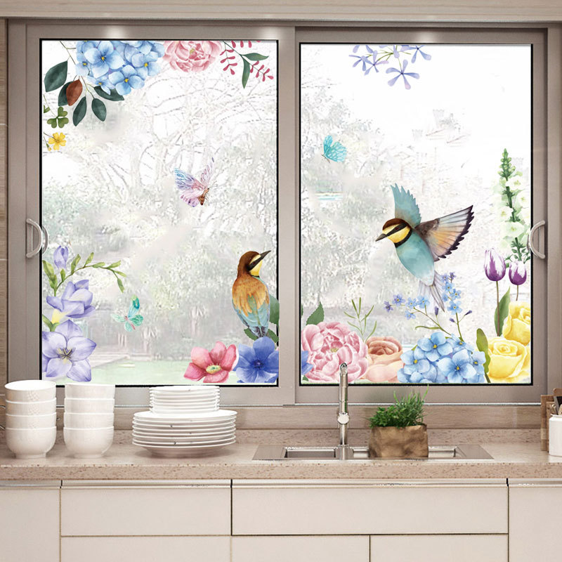 Sticker decorativ perete sau geam , model floral cu pasari si fluturi, 94x110 cm, multicolor - imagine 5
