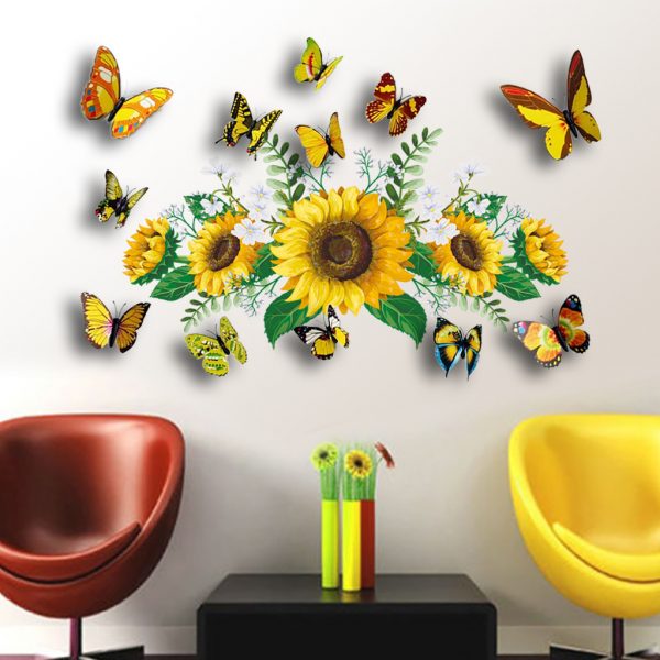 Set Stickere decorative 3D Floarea soarelui si 12 fluturi galbeni, 30x60cm, 2 bucati