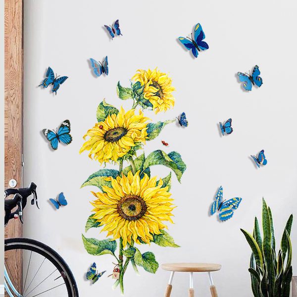 Set Stickere decorative 3D Floarea soarelui si 12 fluturi albastri, 30x60cm, 2 bucati